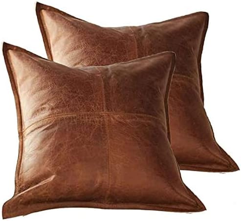 Lambskin Leather Pillow Cover - Decorative Sofa Cushion Case - Throw Covers for Living Room & Bedroom, 18" x 18" - Tan Antique Box Pack of 2