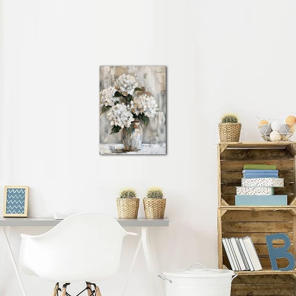 White Hydrangea Bathroom Wall Art Canvas Print 12x15 Inches Retro Farmhouse Style Floral Artwork for Bedroom Living Room Office Decor