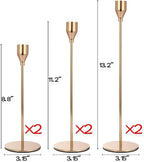 Gold Taper Candle Holder Set of 6, Brass Gold Tall Candlestick Holders, Metal Vintage Candle Stickers Long Holder Set, Pillar Decorative Candle Holder Fits 3/4 Inch Candle