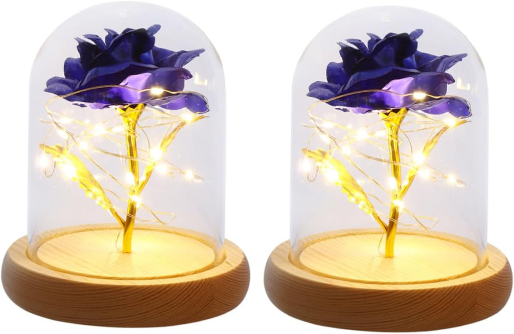 2pcs Glass Cover Rose Flower Decor Artificial Rose Ornament for Home Decor Gold Foil Design for Desktop Decoration and Gifts