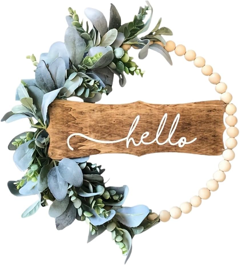 11.8 Inch Eucalyptus Wreath with Hello Sign, Wood Beads Year Round Greenery Wreaths for Front Door Garden Windows Farmhouse Indoors Outdoor Home Decor (Green)