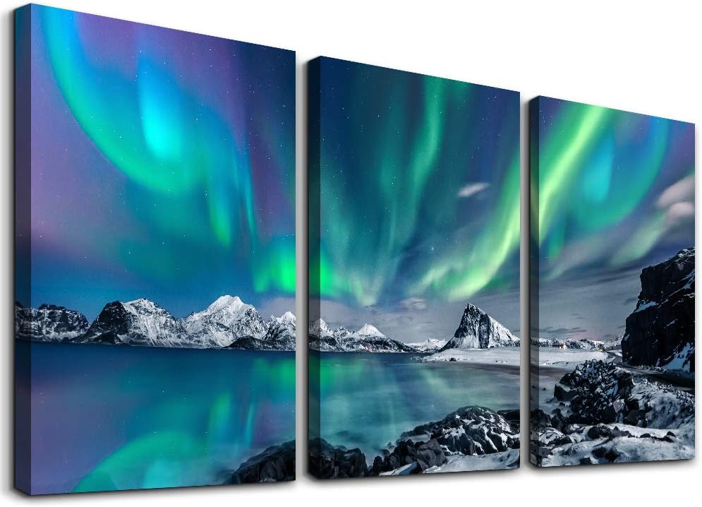 Farmhouse Canvas Wall Art for Bedroom, Living Room, Office - Aurora Scenery Painting on Stretched and Framed Pictures - 3 Piece Ready to Hang for Bathroom Home Decor