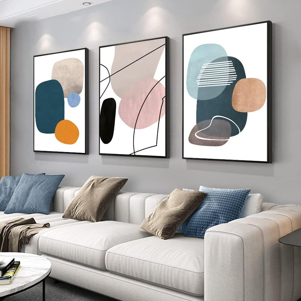 Wall Art 3 Pieces Of Framed Decorative Paintings Abstract Simple Orange White Blue And Other Color Blocks Wall Art Canvas Prints Wall Decor Gifts Size 16" x 24" x 3 Panels