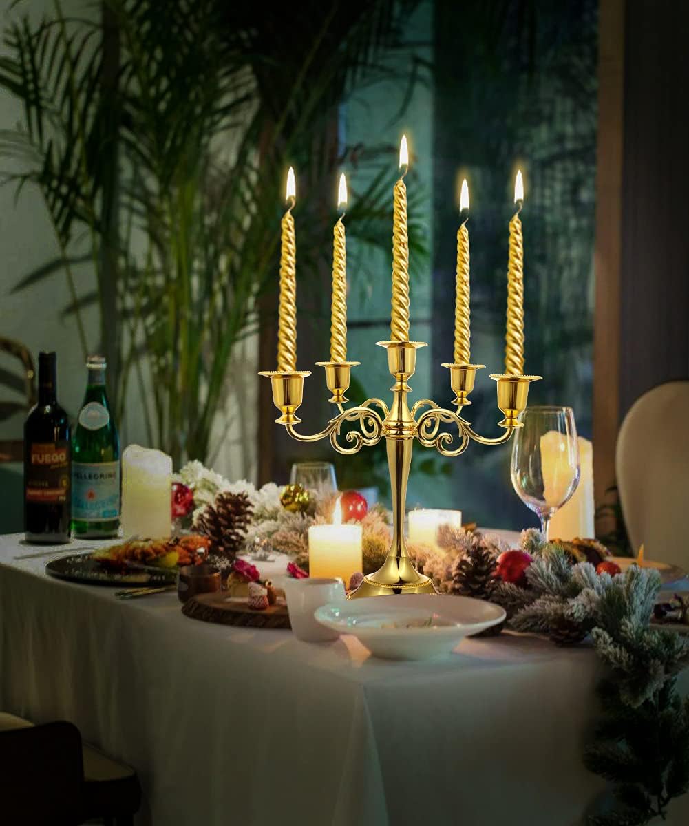 5-Candle Metal Candelabra 10.2 Inch Tall Candlestick Candle Holders for Home Decor Wedding Christmas Church Halloween Party, Gold