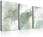 Sage Green Wall Art Set of 3,Abstract Green Wall Decor Living Room,Minimalist Modern Framed Wall Art Marble Line Beige Gold Green Canvas Artwork Paintings,Boho Room Decor,Bedroom Bathroom Office Artwork,12"x16"