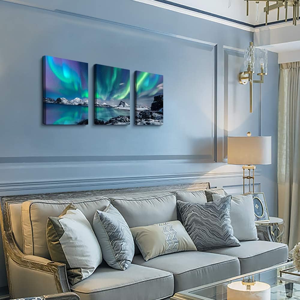 Farmhouse Canvas Wall Art for Bedroom, Living Room, Office - Aurora Scenery Painting on Stretched and Framed Pictures - 3 Piece Ready to Hang for Bathroom Home Decor
