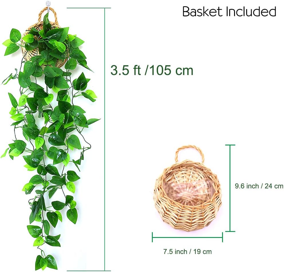 Artificial Hanging Plants, 3.5ft Ivy Vine Fake Leaves Green Chain for Indoor Outdoor Wall Home Room Garden Wedding Garland Decoration(Basket Included)