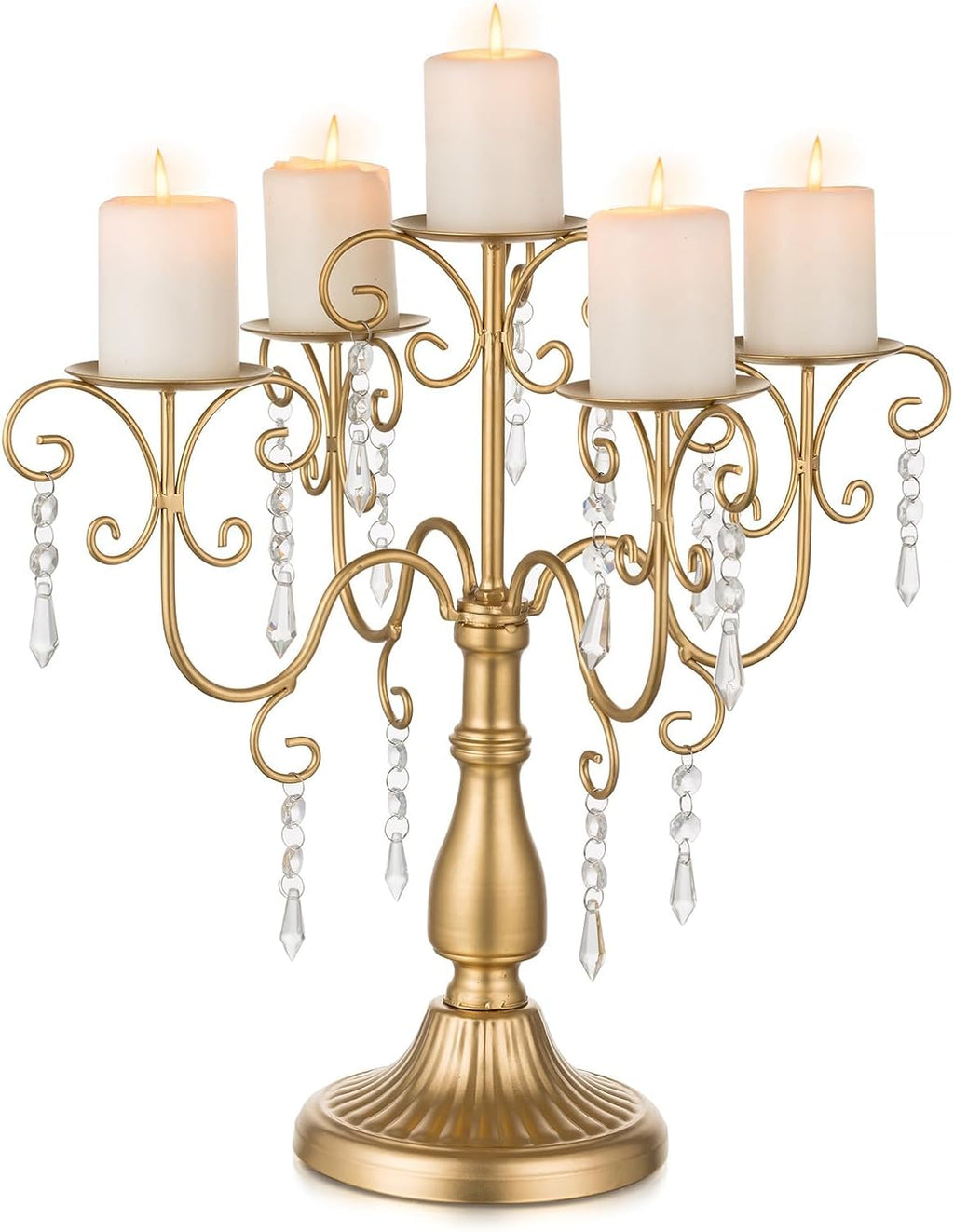 Candelabra Centerpieces Gold Candle Holder - 5 Arm Pillar Candle Holders with Crystal Beads for Christmas Table Centrepiece Halloween Wedding Candleholders Decoration
