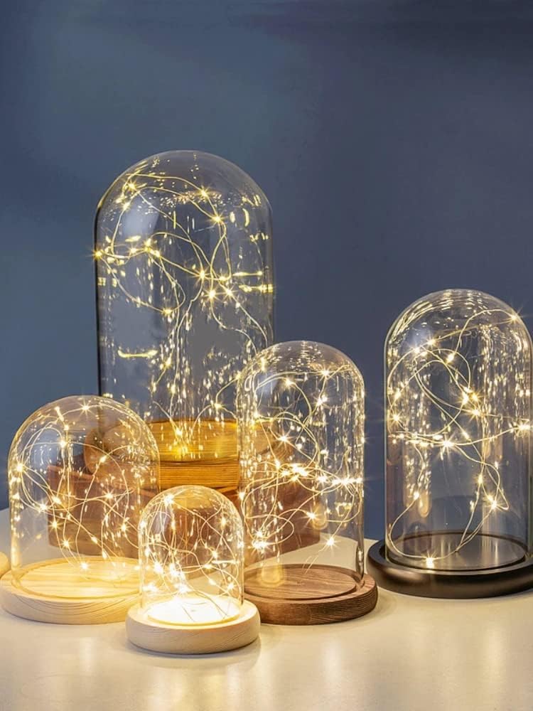 Tabletop Display Glass Cover Container Decor Dry Flower Ornaments Craft Bell Jar Wood Base with Feet Holder (3.54 * 4.72)