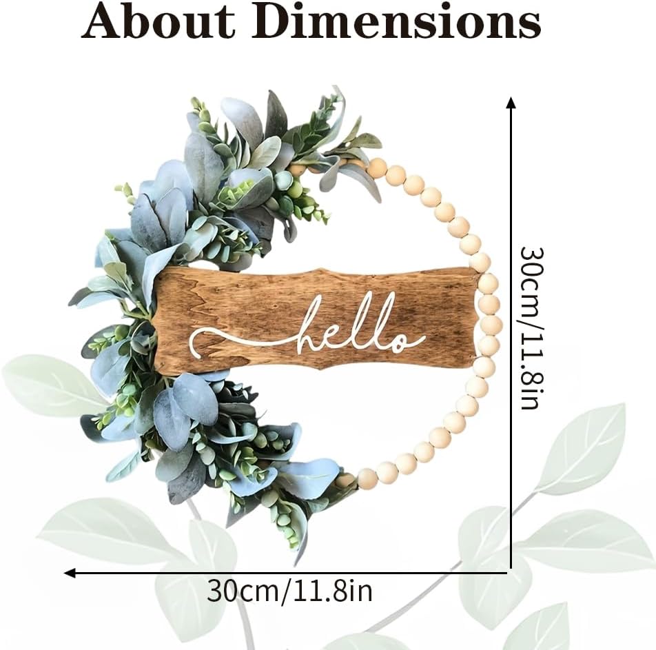 11.8 Inch Eucalyptus Wreath with Hello Sign, Wood Beads Year Round Greenery Wreaths for Front Door Garden Windows Farmhouse Indoors Outdoor Home Decor (Green)