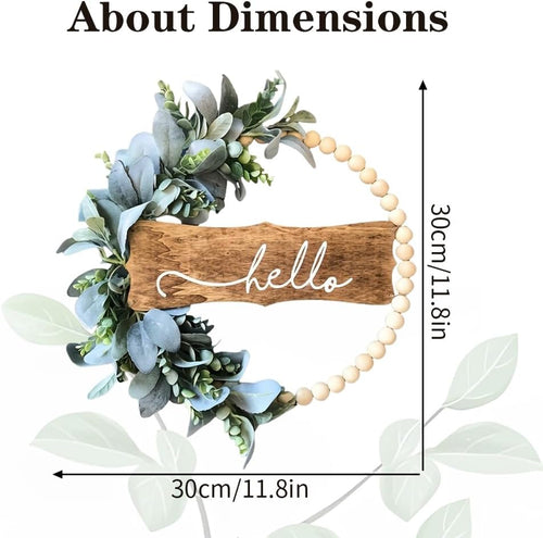 11.8 Inch Eucalyptus Wreath with Hello Sign, Wood Beads Year Round Greenery Wreaths for Front Door Garden Windows Farmhouse Indoors Outdoor Home Decor (Green)