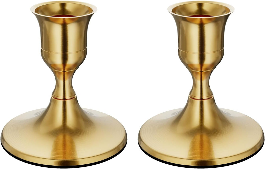 Brass Gold Taper Candle Holders Set of 2, Vintage Metal Candlestick Holders for Dinner Room Table Centerpiece or Mantel Wedding Party Decor