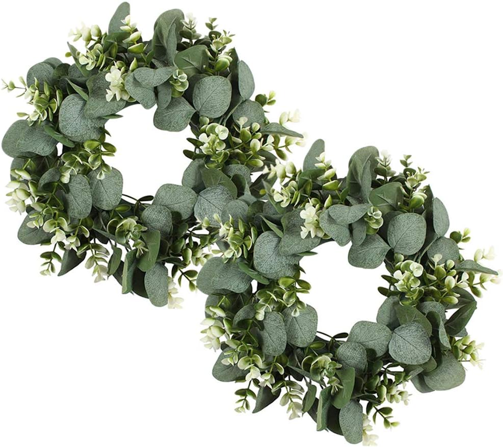 2PCS Artificial Eucalyptus Wreath, 11" Faux Green Leaves Wreath Farmhouse Greenery Wreath, Round Eucalyptus Wreath Outdoor Green Garland for Front Door Wall Hanging Window Decor