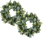 2PCS Artificial Eucalyptus Wreath, 11" Faux Green Leaves Wreath Farmhouse Greenery Wreath, Round Eucalyptus Wreath Outdoor Green Garland for Front Door Wall Hanging Window Decor