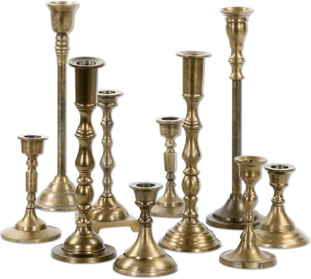 Wholesale Vintage Gold Mixed Taper Holders, Set of 10, Mismatched Candlesticks Set, Bohemian Decorative Candle Set