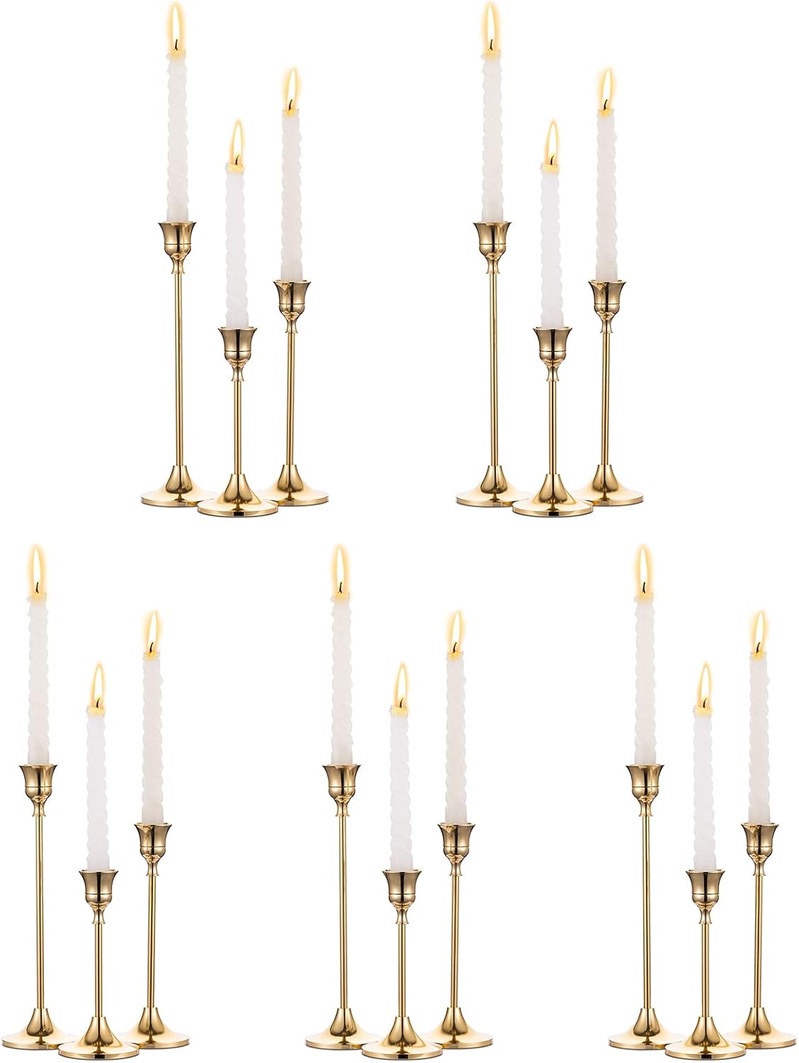 5 Sets(15 Pcs) Brass Gold Metal Taper Candle Holders Candlestick Holders, Vintage Modern Decorative Centerpiece Candlestick Holders for Table Mantel Wedding Housewarming Gift