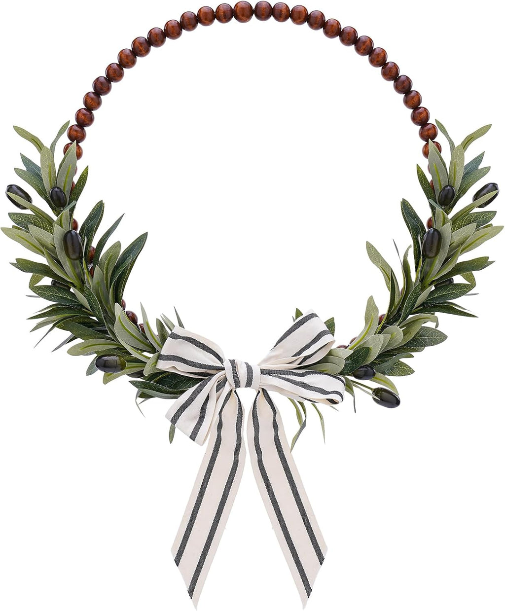 Wood Bead Olive Leaves Wreaths - 13 Inch Artificial Greenery Leaf Wreaths Farmhouse Rustic Boho Wall Hanging Decor for All Seasons for Natural Home Indoor Outdoor Bedroom Decoration