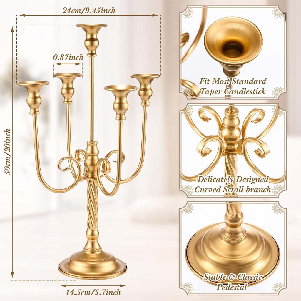 6 Pcs Gold Candelabra Candlestick Holder 5 Arm Metal Candle Stand Candelabra for Taper Candles Table Centerpieces Wedding Christmas Holiday Birthday Party(9.45 x 9.45 x 19.7 Inch)