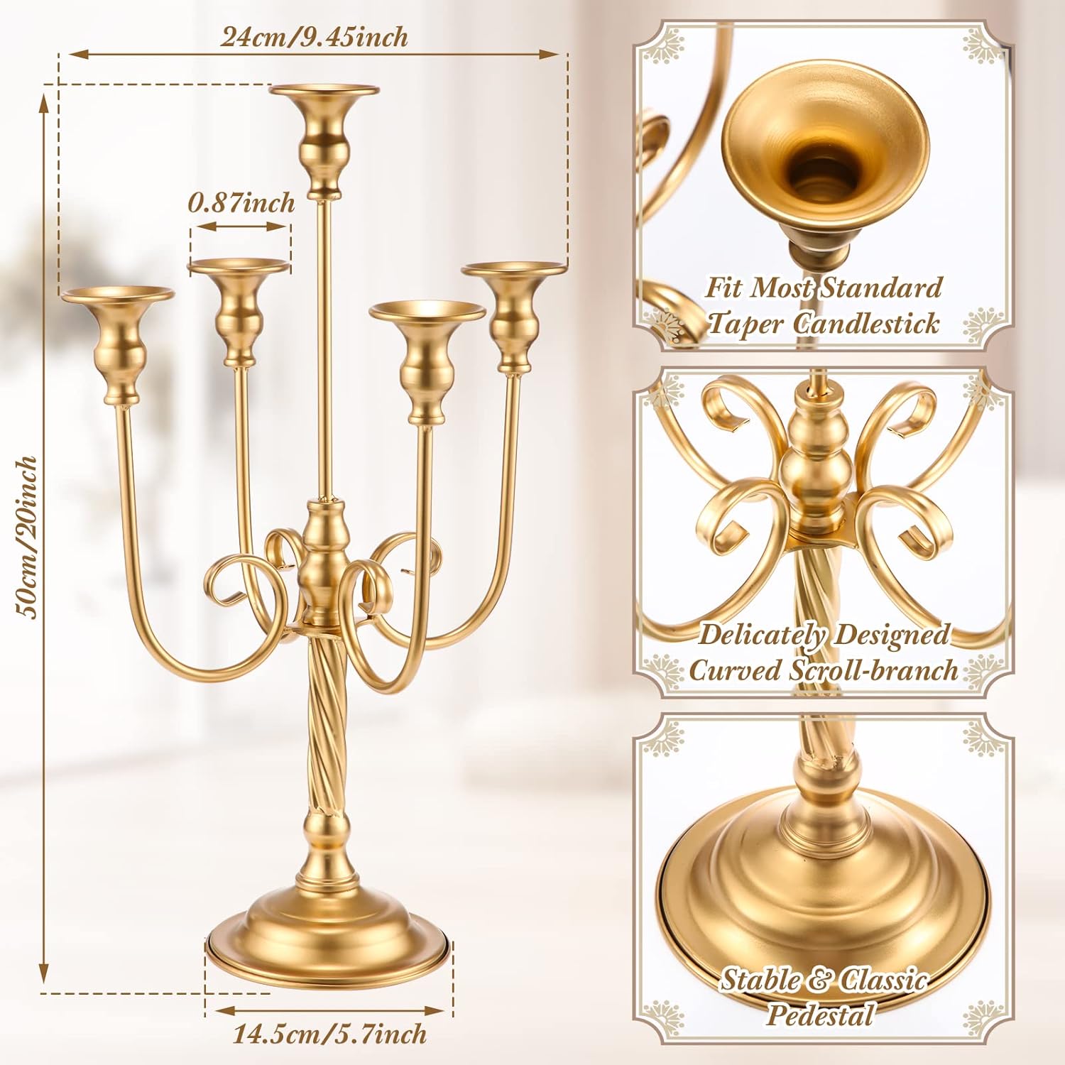 6 Pcs Gold Candelabra Candlestick Holder 5 Arm Metal Candle Stand Candelabra for Taper Candles Table Centerpieces Wedding Christmas Holiday Birthday Party(9.45 x 9.45 x 19.7 Inch)