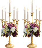 Metal Candelabra Gold Candle Stand 20in Tall, 5-Candle Candlestick Holder for Taper Candles, Candle Holder for Wedding Centerpiece Christmas Valentine Holiday Party Event Reception Decor, 2Pcs