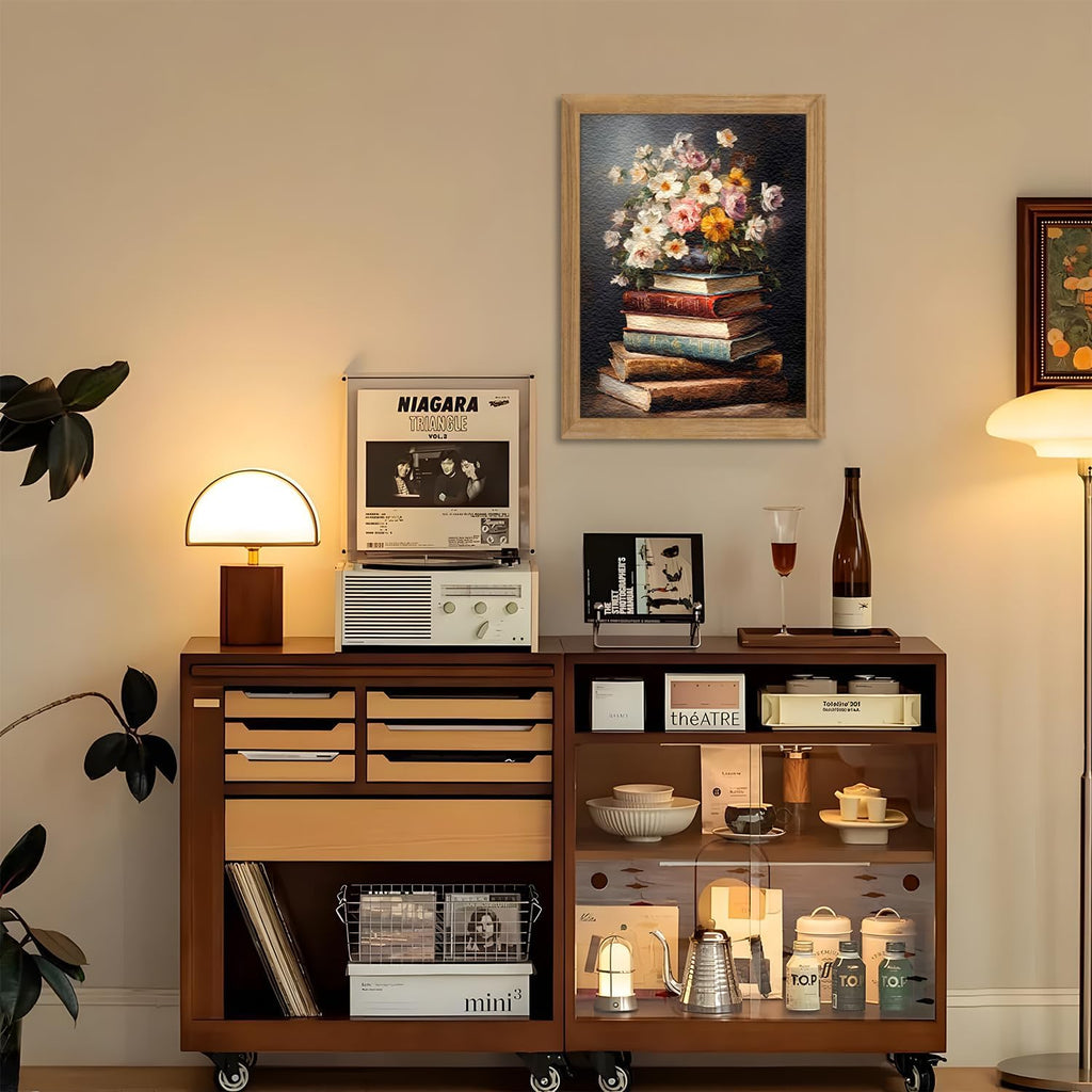 Framed Vintage Floral Wall Art - 3D Textured Flowers Books Sandstone Hand Drawn Art Oil Painting - Minimalist Botanical Wall Decor for Bedroom Living Room Office Decor 12X16in