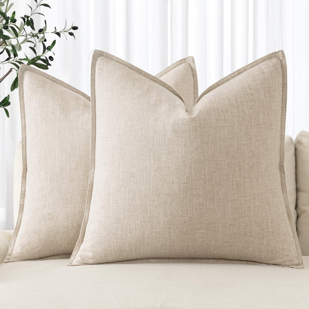 Decorative Linen Pillow Covers 20x20 Inch Natural Beige Boho Farmhouse Neutral Couch Throw Pillows for Bed Pack of 2 Accent Outdoor Pillowcase Modern Sofa Cushion Livingroom Home Decor