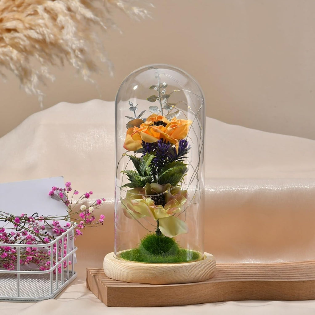 Night Light with High Borosilicate Glass Cover, Forever Flower Dried Flower Mini Landscape Desktop Ornament for Mother's Day (Orange)