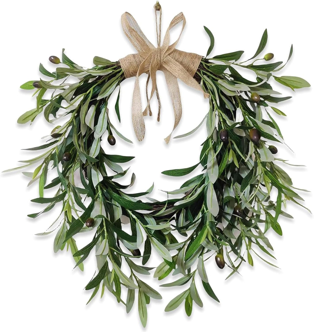 22" Heart Shaped Artificial Olive Leaf & Fruit Wreath - Realistic Green Olive Branches with Spring Floral Accents, Farmhouse Wall Door Wedding Arch Window Hanging for Indoor Outdoor Garden Decor (1)