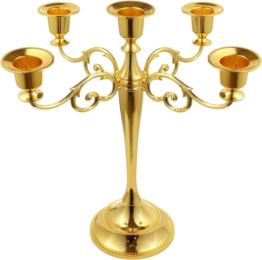 5-Candle Metal Candelabra 10.2 Inch Tall Candlestick Candle Holders for Home Decor Wedding Christmas Church Halloween Party, Gold