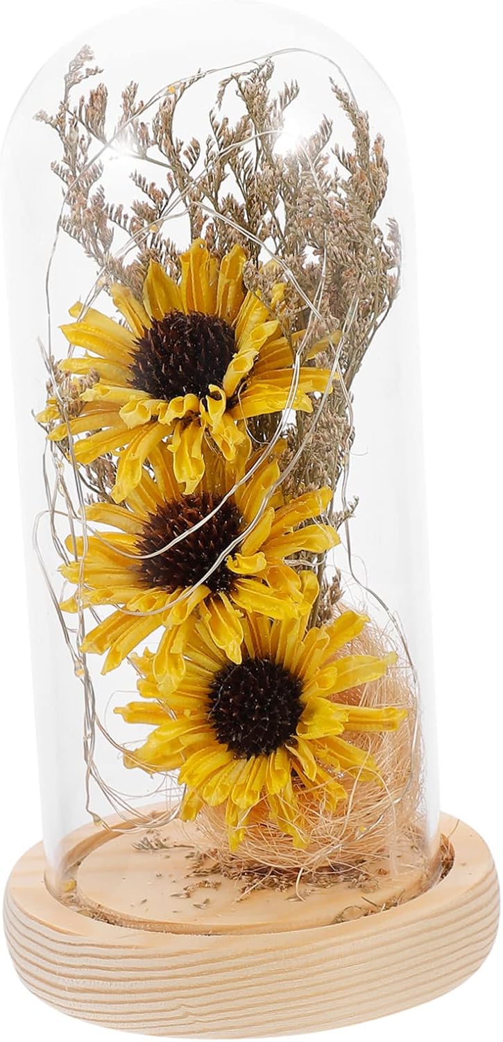 1pc Sunflower Dried Flower Glass Cover Led Lamp Elegant Night Light Decoration for Warm Atmosphere Creating Table Centerpiece