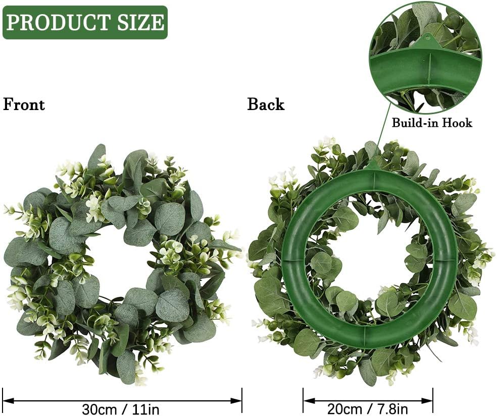 2PCS Artificial Eucalyptus Wreath, 11" Faux Green Leaves Wreath Farmhouse Greenery Wreath, Round Eucalyptus Wreath Outdoor Green Garland for Front Door Wall Hanging Window Decor