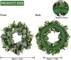 2PCS Artificial Eucalyptus Wreath, 11" Faux Green Leaves Wreath Farmhouse Greenery Wreath, Round Eucalyptus Wreath Outdoor Green Garland for Front Door Wall Hanging Window Decor