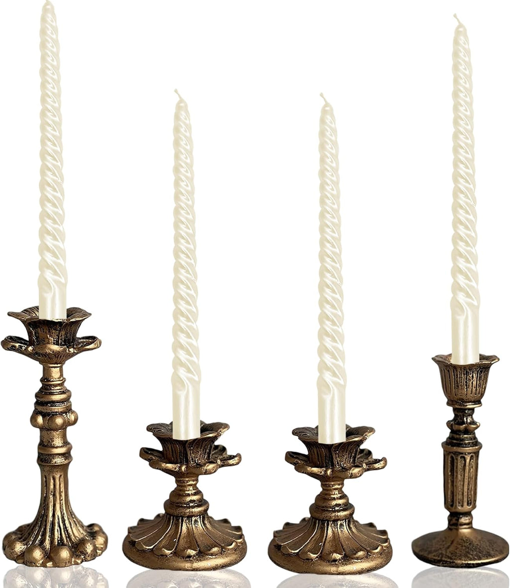 Vintage Candlestick Holder for Taper，Resin Candle Holder Antique Bronze，Decorative for Home Decor Centerpiece for Wedding Party, Wedding Anniversary Decoration，Set of 4(AABC)