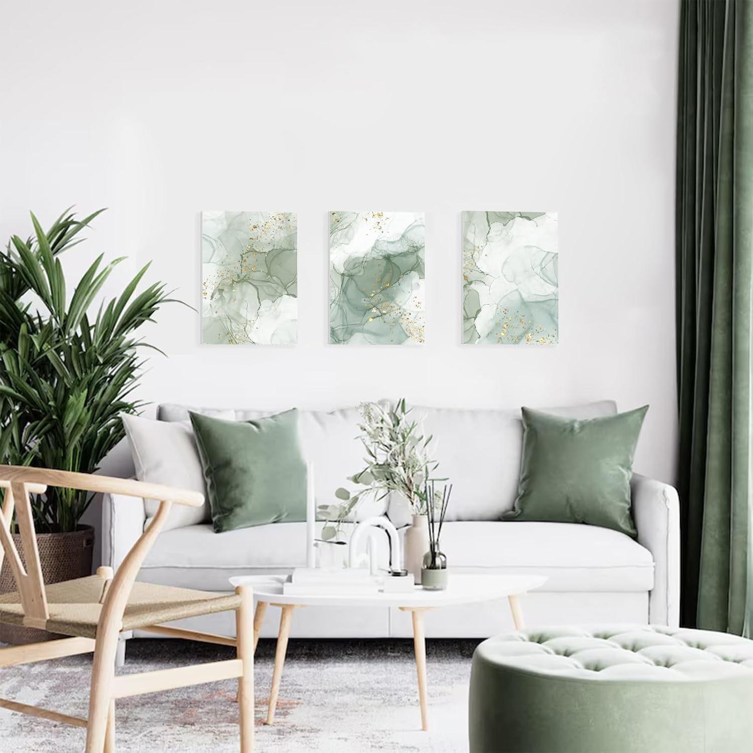 Sage Green Wall Art Set of 3,Abstract Green Wall Decor Living Room,Minimalist Modern Framed Wall Art Marble Line Beige Gold Green Canvas Artwork Paintings,Boho Room Decor,Bedroom Bathroom Office Artwork,12"x16"