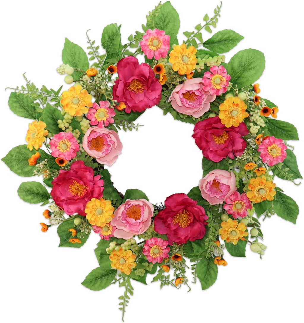 22 Inch Artificial Spring Summer Wreaths for Front Door, Pink Rose Peony Floral Wreath Front Door with Berry Green Leaves Suitable for Spring and Summer for Wall Door Farmhouse Wedding Holiday Decor.