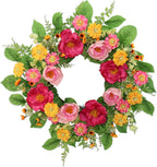 22 Inch Artificial Spring Summer Wreaths for Front Door, Pink Rose Peony Floral Wreath Front Door with Berry Green Leaves Suitable for Spring and Summer for Wall Door Farmhouse Wedding Holiday Decor.