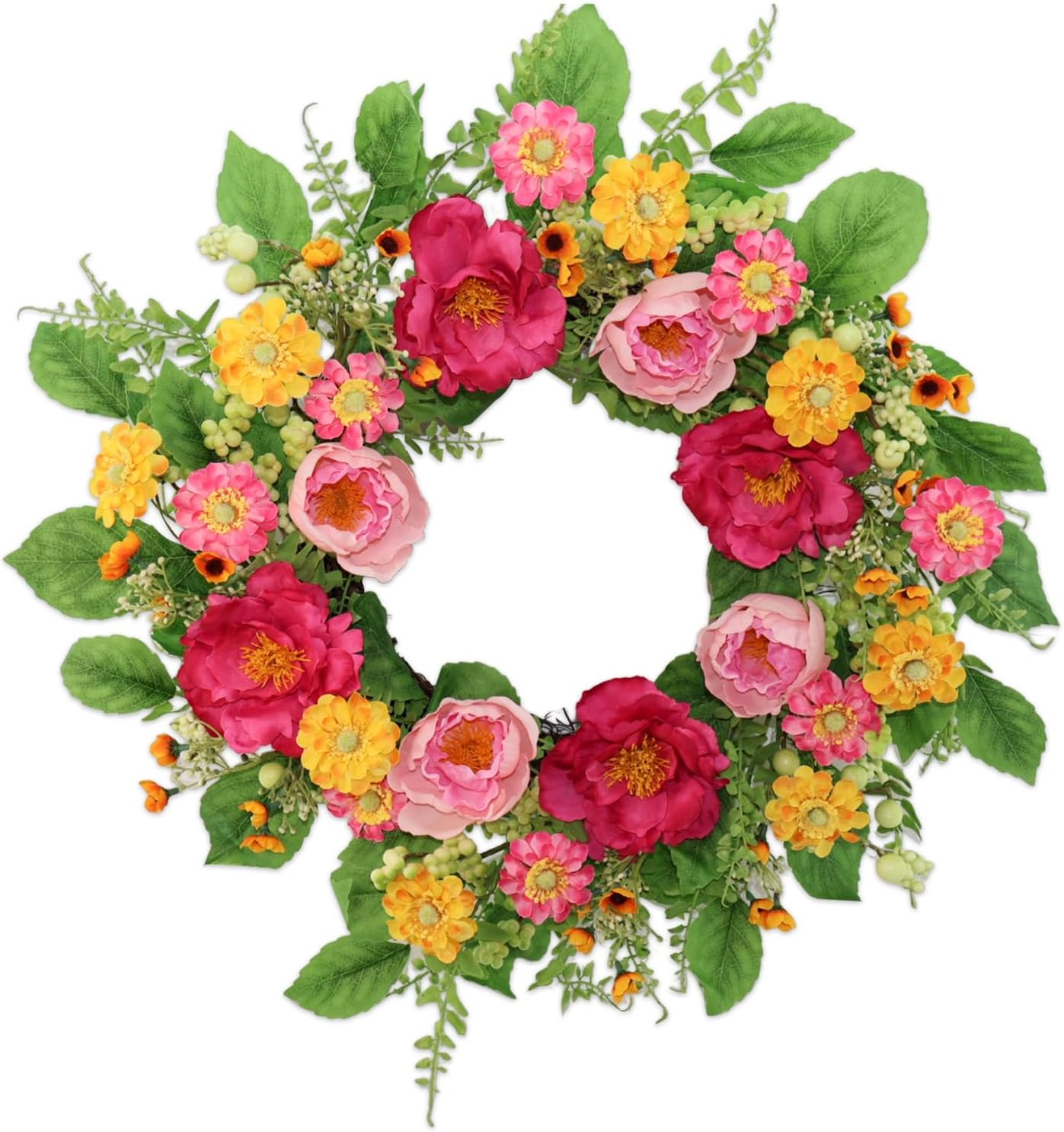22 Inch Artificial Spring Summer Wreaths for Front Door, Pink Rose Peony Floral Wreath Front Door with Berry Green Leaves Suitable for Spring and Summer for Wall Door Farmhouse Wedding Holiday Decor.