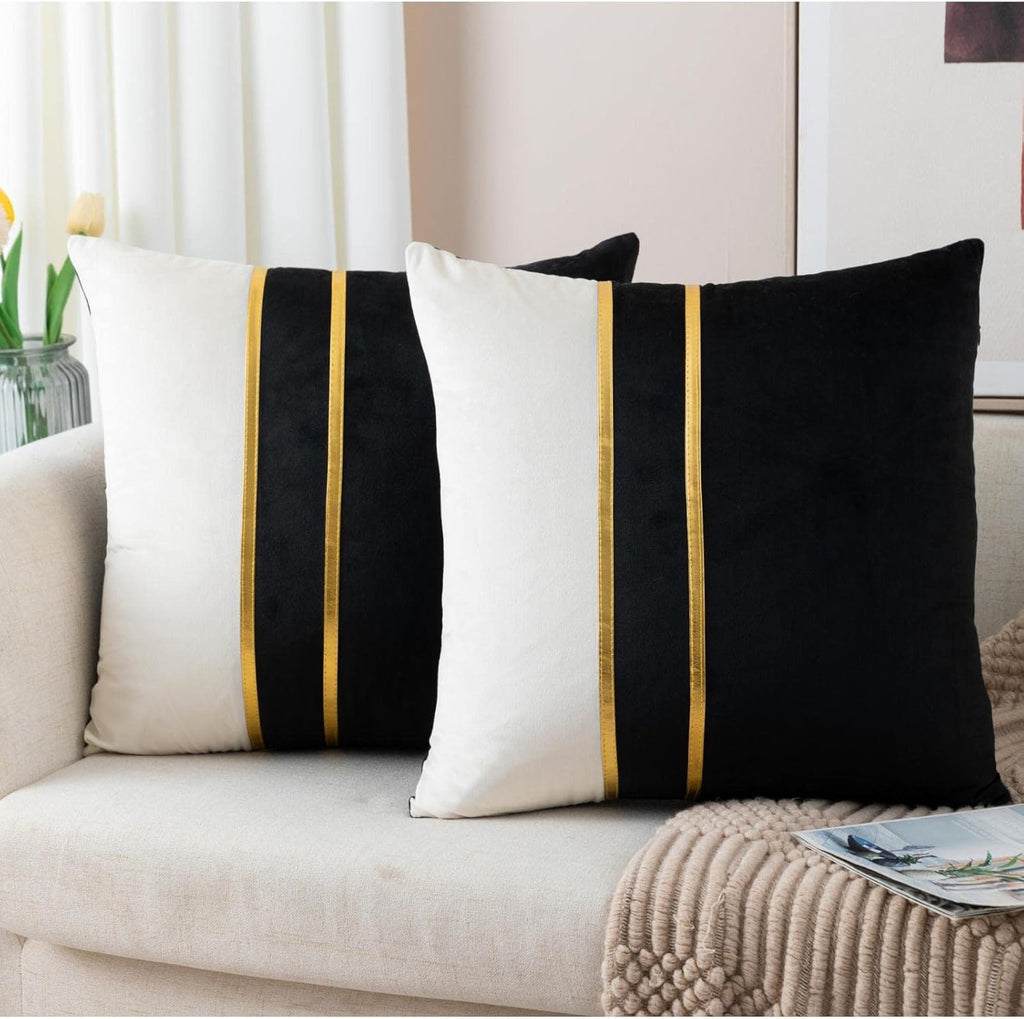 Set of 2 Velvet Decorative Throw Pillow Covers Black White Patchwork with Gold Leather Pillow Covers 18 × 18 Inch Cushion Covers Decor Living Room Sofa Bedroom Car