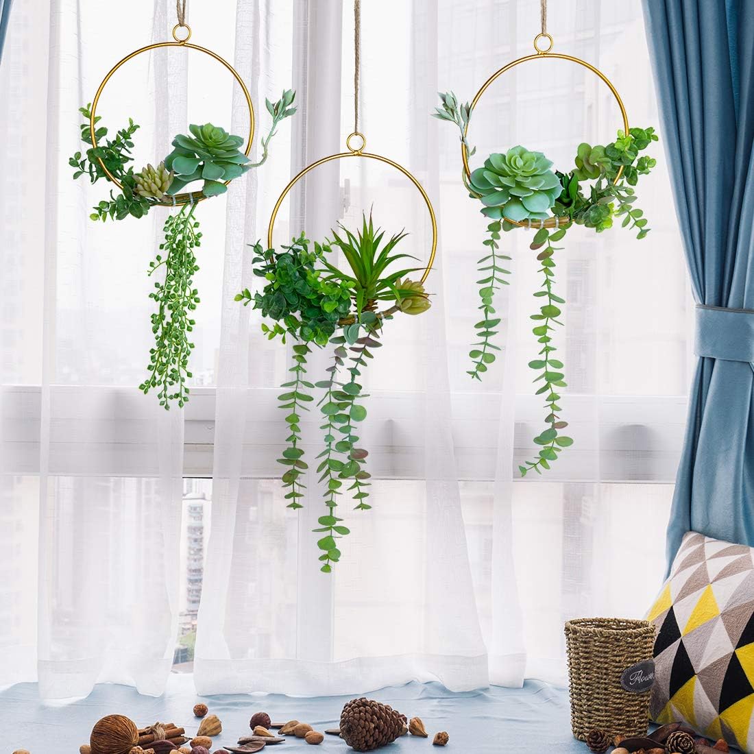 Artificial Succulents Wreath Set of 3 Hanging Gold Geometric Garland Greenery Wall Decor Backdrop