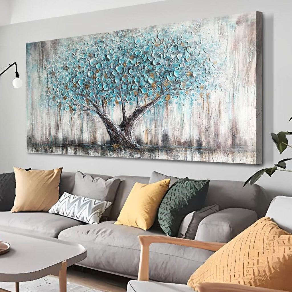 Arjun Tree Wall Art Teal Blue Nature Tree of Life Abstract Canvas Painting Textured Picture, Modern Large Panoramic Landscape Artwork Framed for Living Room Bedroom Bathroom Office Home Decor 40"x20"
