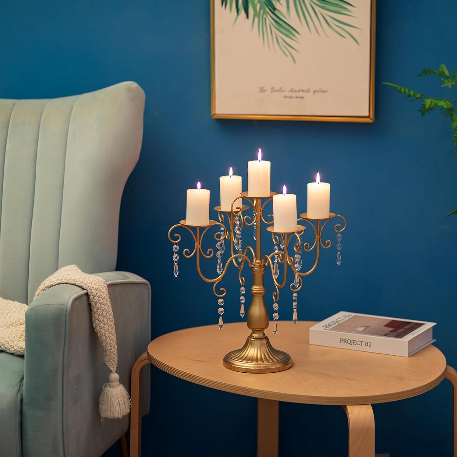 Candelabra Centerpieces Gold Candle Holder - 5 Arm Pillar Candle Holders with Crystal Beads for Christmas Table Centrepiece Halloween Wedding Candleholders Decoration