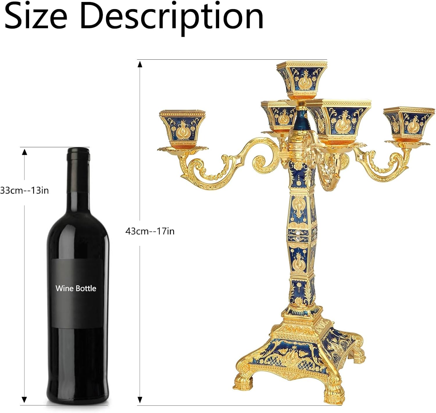 Metal Candelabra 17" Height, Candle Holder with 5 Arms,Antique Bronze Furnish Candle Holder, Centerpiece for Home Decro,Wedding Event, Party,1 Pack (Golden Blue)