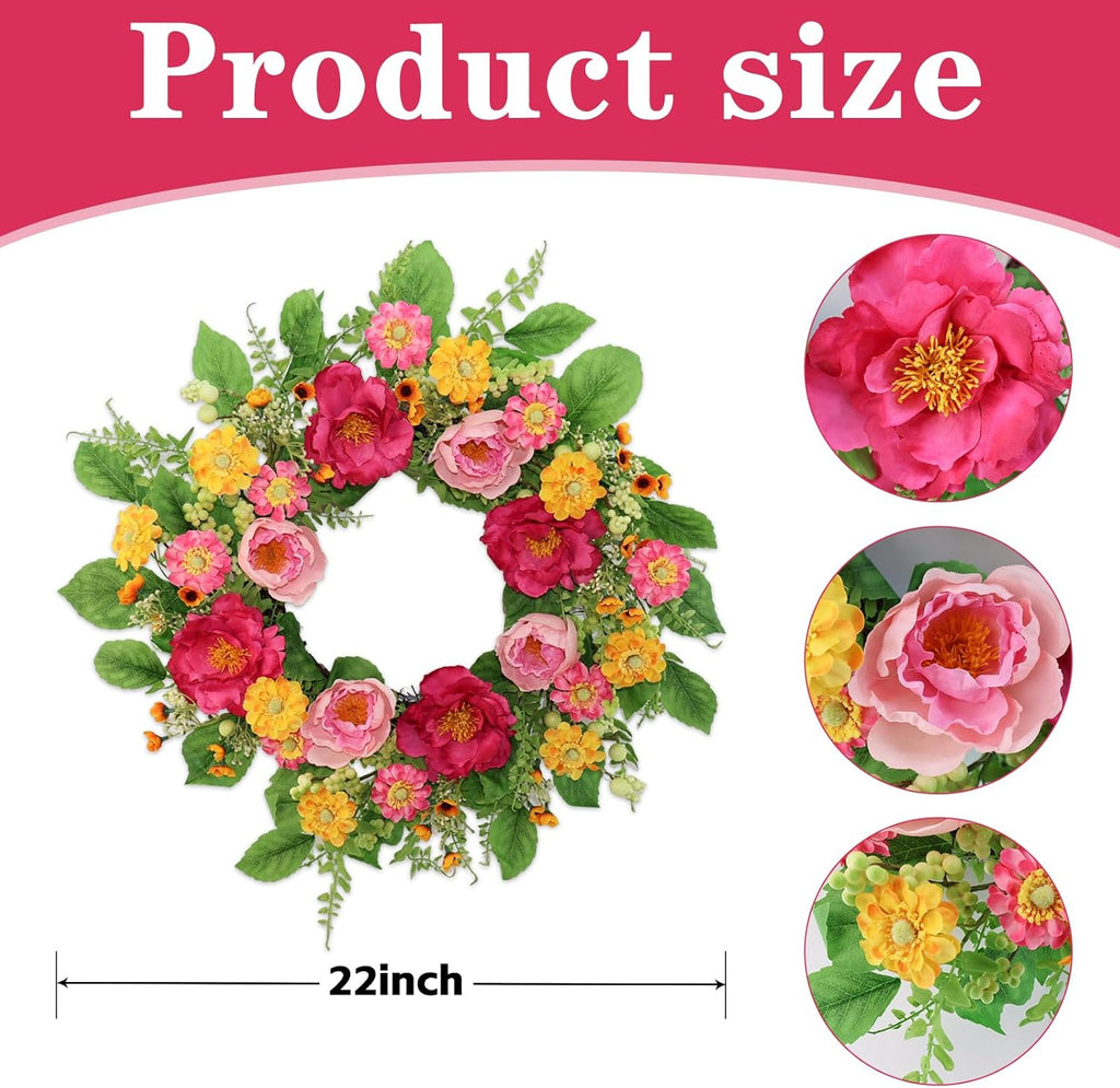 22 Inch Artificial Spring Summer Wreaths for Front Door, Pink Rose Peony Floral Wreath Front Door with Berry Green Leaves Suitable for Spring and Summer for Wall Door Farmhouse Wedding Holiday Decor.