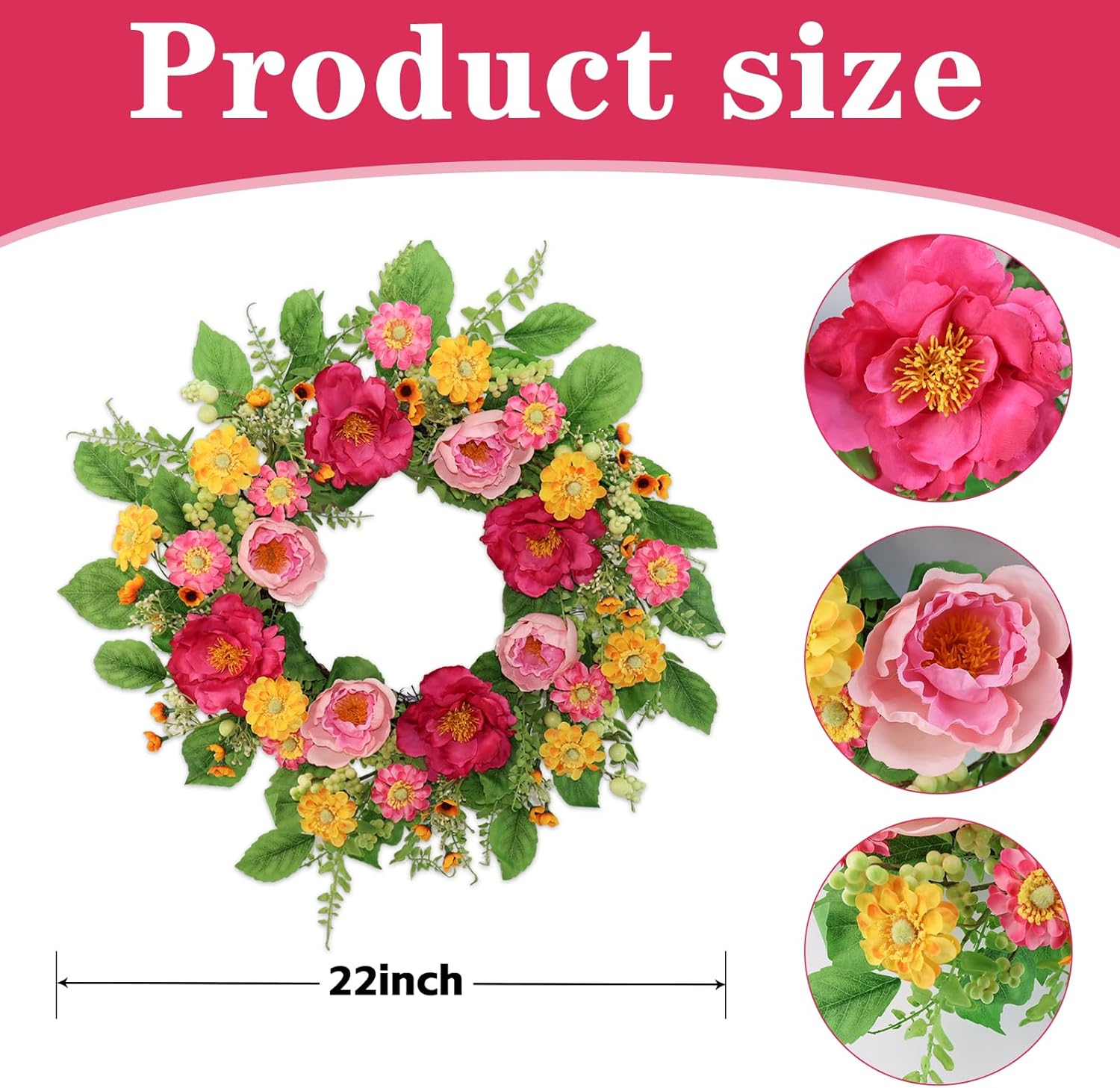 22 Inch Artificial Spring Summer Wreaths for Front Door, Pink Rose Peony Floral Wreath Front Door with Berry Green Leaves Suitable for Spring and Summer for Wall Door Farmhouse Wedding Holiday Decor.