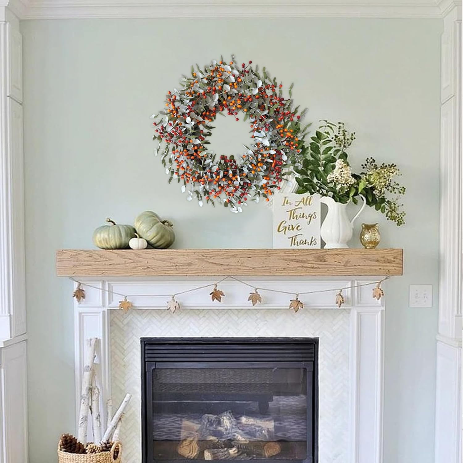 22 Inch Boxwood Orange Berries Wreath for Front Door, Fall Door Wreath for Indoor Outdoor, Soft Touch Greenery with Yellow Orange Berry Door Decor