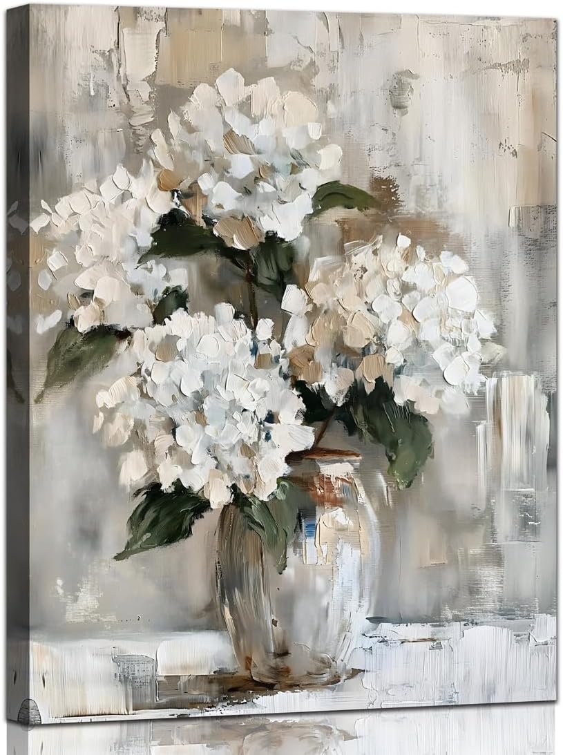 White Hydrangea Bathroom Wall Art Canvas Print 12x15 Inches Retro Farmhouse Style Floral Artwork for Bedroom Living Room Office Decor