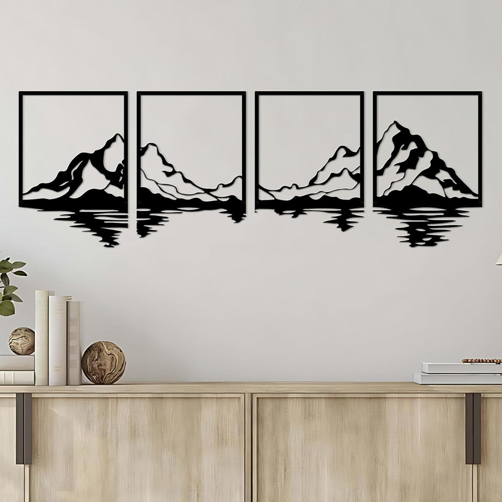 4 Pcs Metal Mountain Wall Art, Large Mountains Wall Decor, Mountain Forest Decorative Painting Suitable For Living Room Bedroom Office Indoor And Outdoor (Mountains Rivers Large)