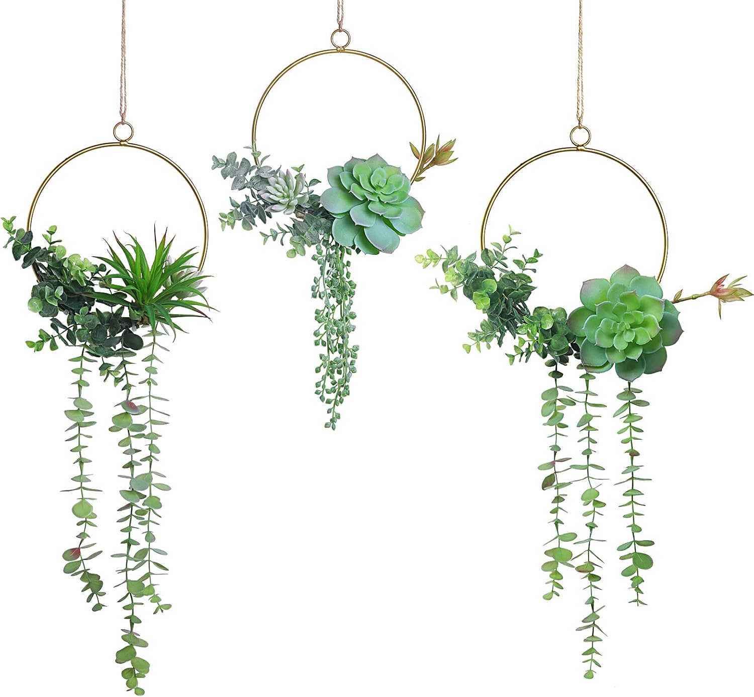 Artificial Succulents Wreath Set of 3 Hanging Gold Geometric Garland Greenery Wall Decor Backdrop
