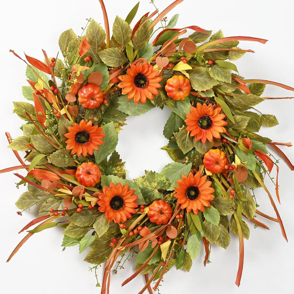 22in Fall Wreaths for Front Door, Autumn Pumpkin Wreath with Sunflower& Pumpkins, Fall Door Wreath for Thanksgiving Decorations, Farmhouse Decor Indoor and Outdoor