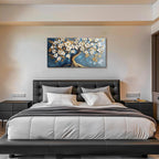Tree of Life Large Canvas Wall Art, Abstract Gold Tree Modern Office Decorations, Nature White Floral Artwork for Walls, Navy Blue Pictures Wall Decor Living Room Bedroom Art Prints 20"X40"